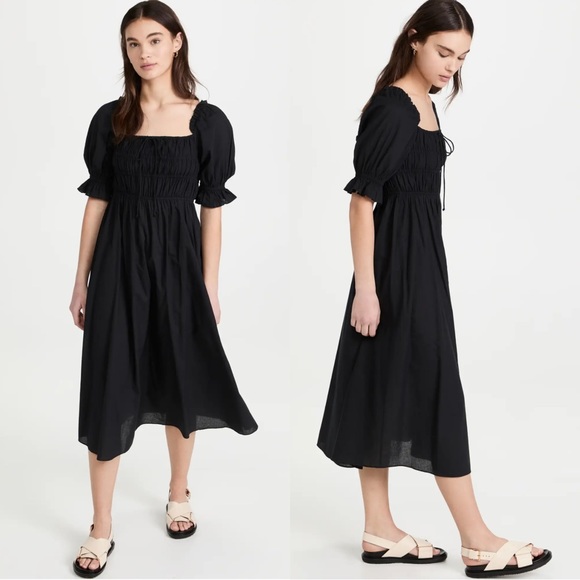 Playa Lucila Romantic Poplin Black Smocked Short Sleeve Midi Puff Sleeve Dress - Picture 2 of 10